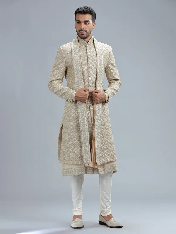 Beige raw silk sherwani with dupatta