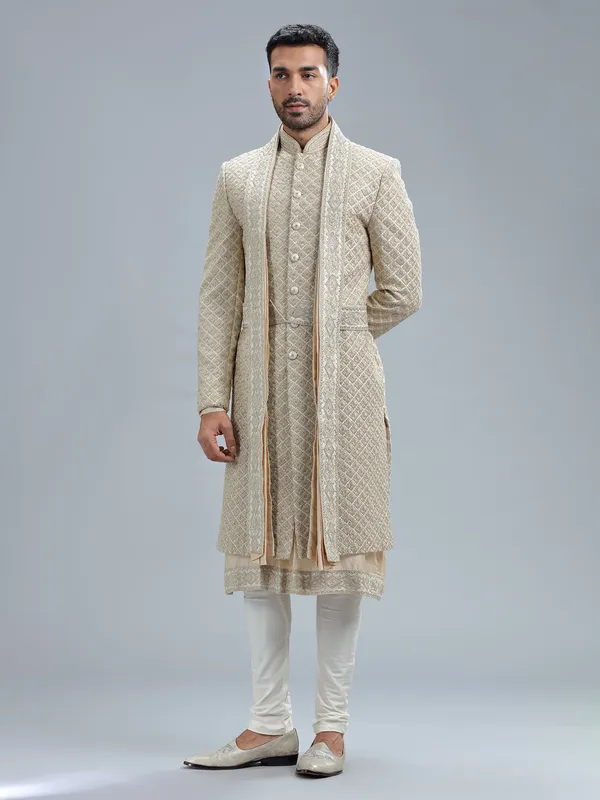 Beige raw silk sherwani with dupatta