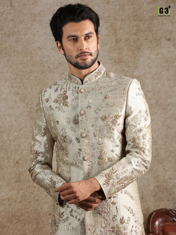 Beige raw silk special sherwani for groom
