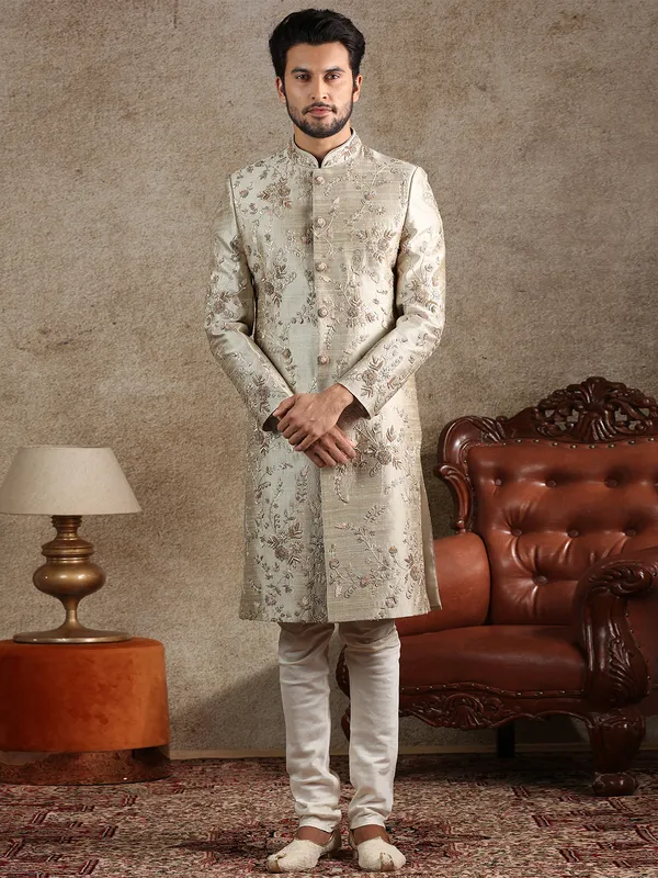 Beige raw silk special sherwani for groom