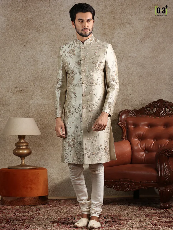 Beige raw silk special sherwani for groom