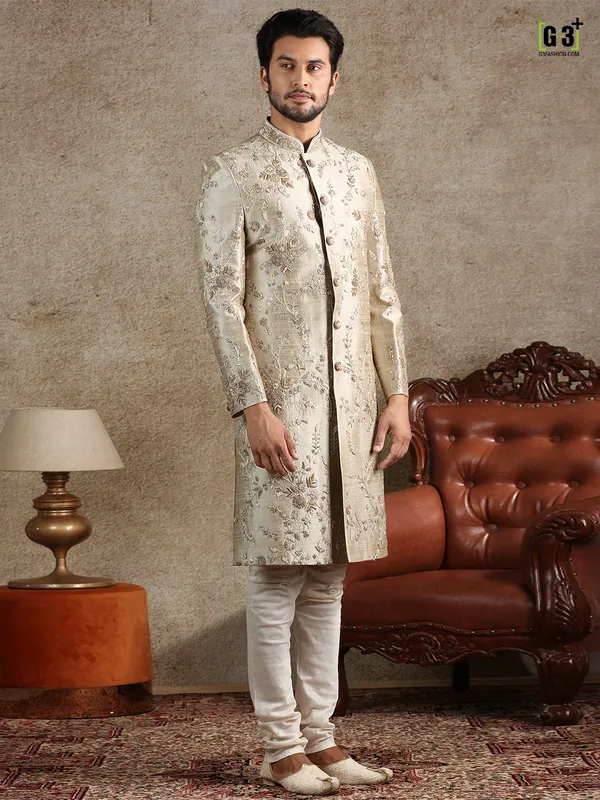 Beige raw silk special sherwani for groom
