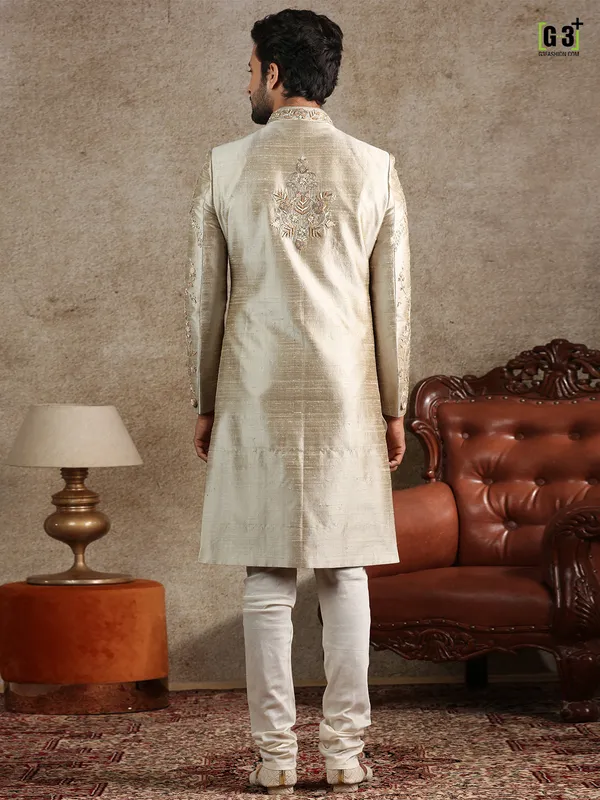 Beige raw silk special sherwani for groom