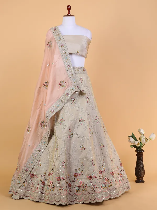 Beige raw silk unstitched lehenga choli