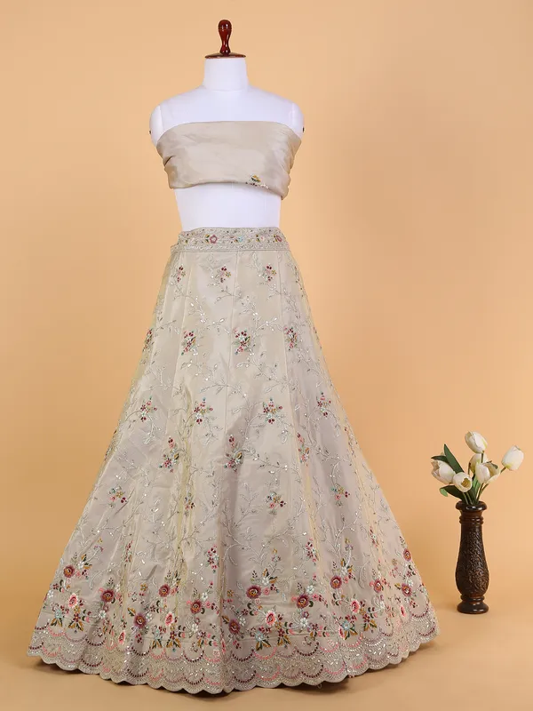 Beige raw silk unstitched lehenga choli