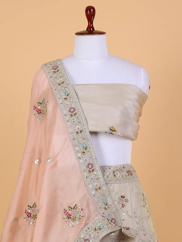 Beige raw silk unstitched lehenga choli