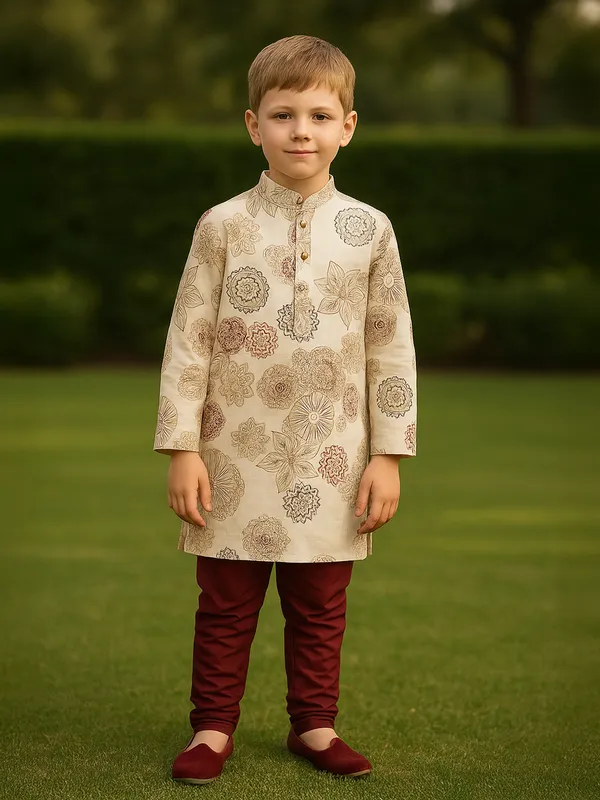 Beige rayon festive wear printed kurta pajama