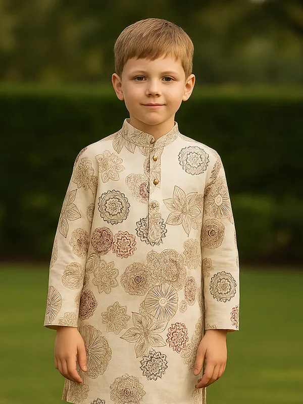 Beige rayon festive wear printed kurta pajama