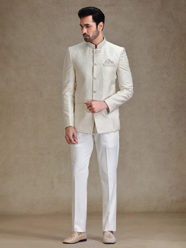 Beige resham weaved jodhpuri for reception