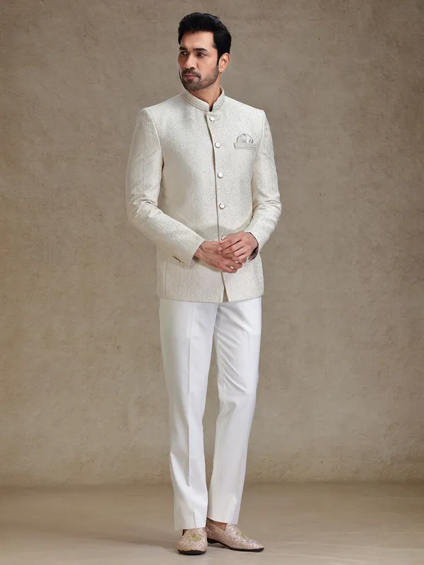 Beige resham weaved jodhpuri for reception