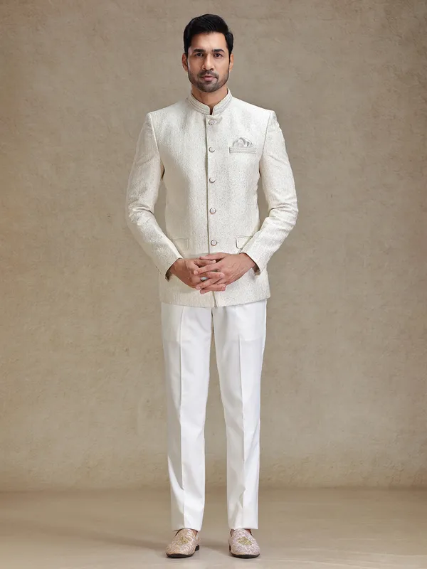 Beige resham weaved jodhpuri for reception