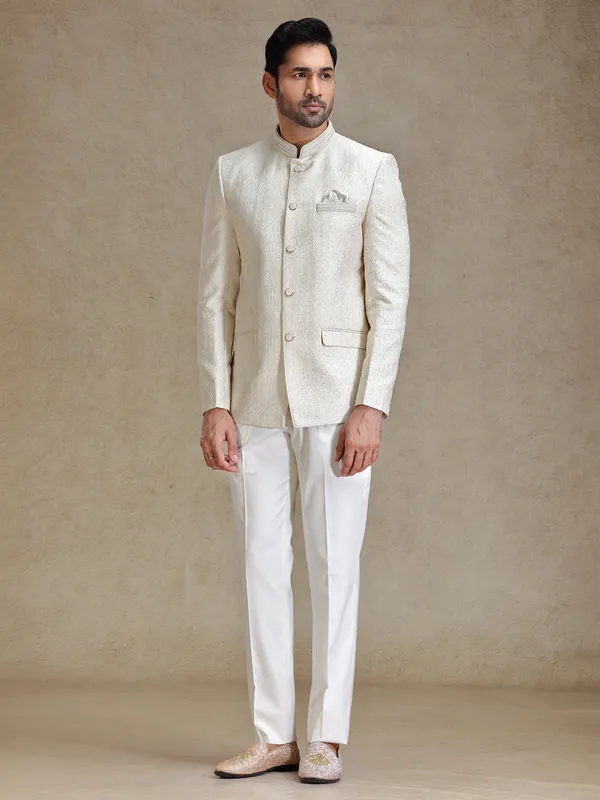 Beige resham weaved jodhpuri for reception