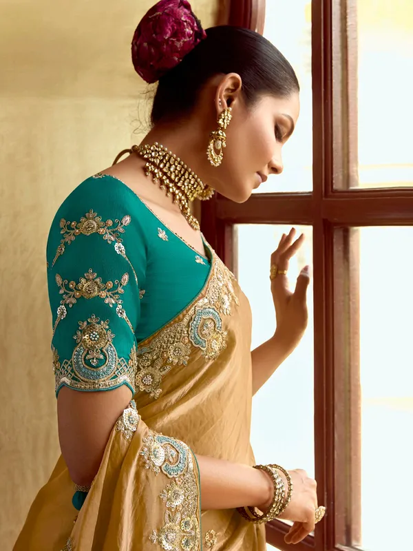 Beige resham worked saree in soft tissue silk