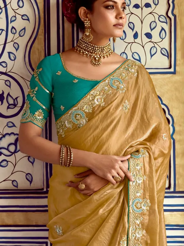 Beige resham worked saree in soft tissue silk
