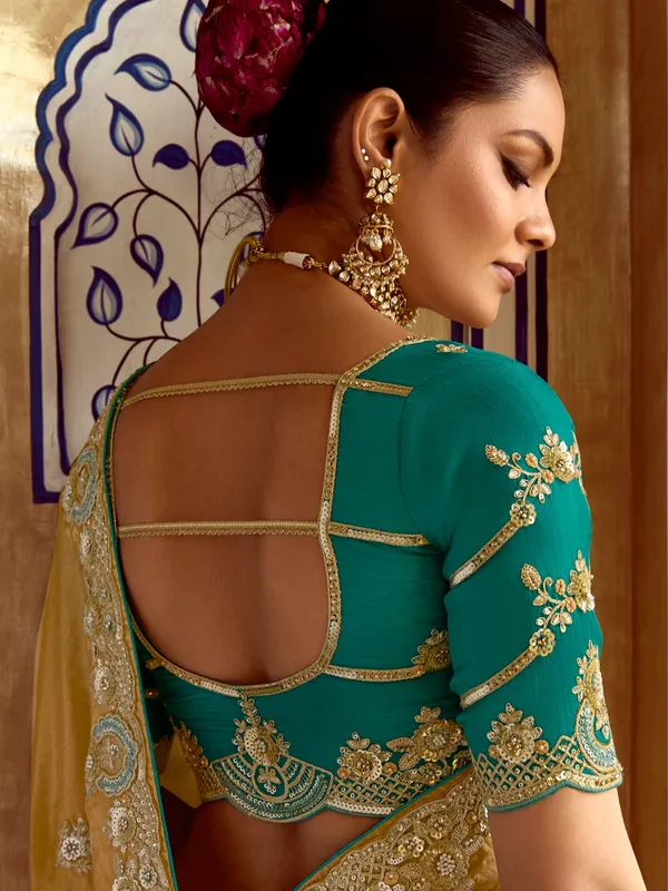 Beige resham worked saree in soft tissue silk