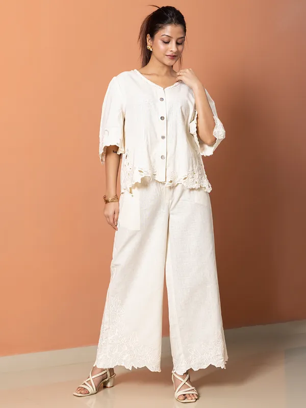 Beige rippped pattern cotton co-ord set