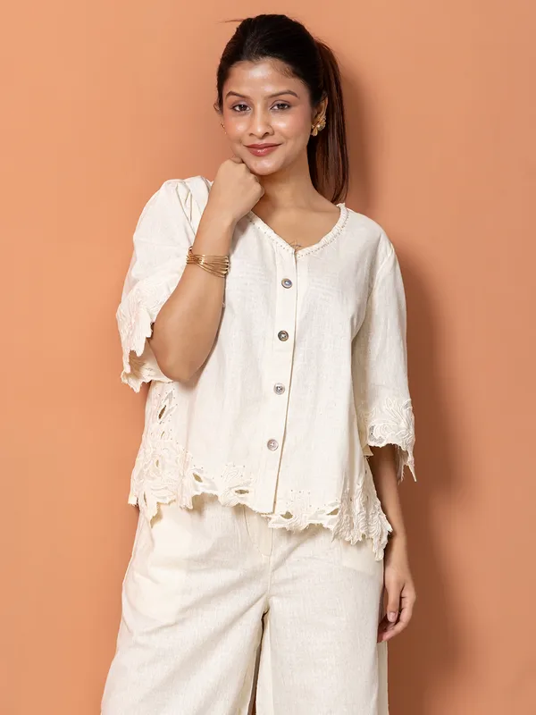 Beige rippped pattern cotton co-ord set