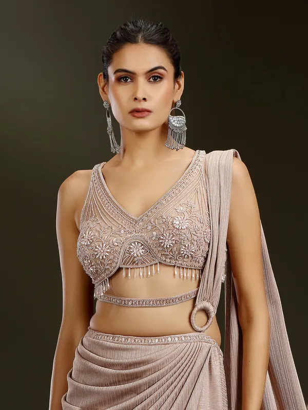 Beige satin lycra designer lehenga choli with attached dupatta