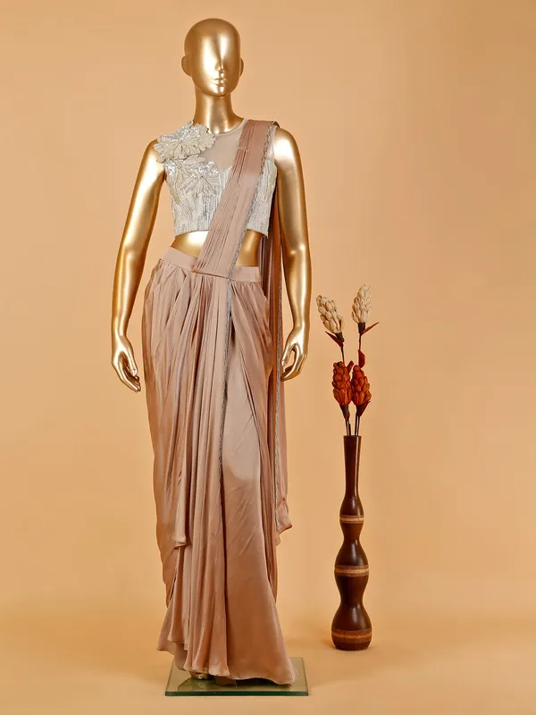 Beige satin pre stitched saree