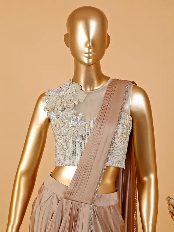 Beige satin pre stitched saree