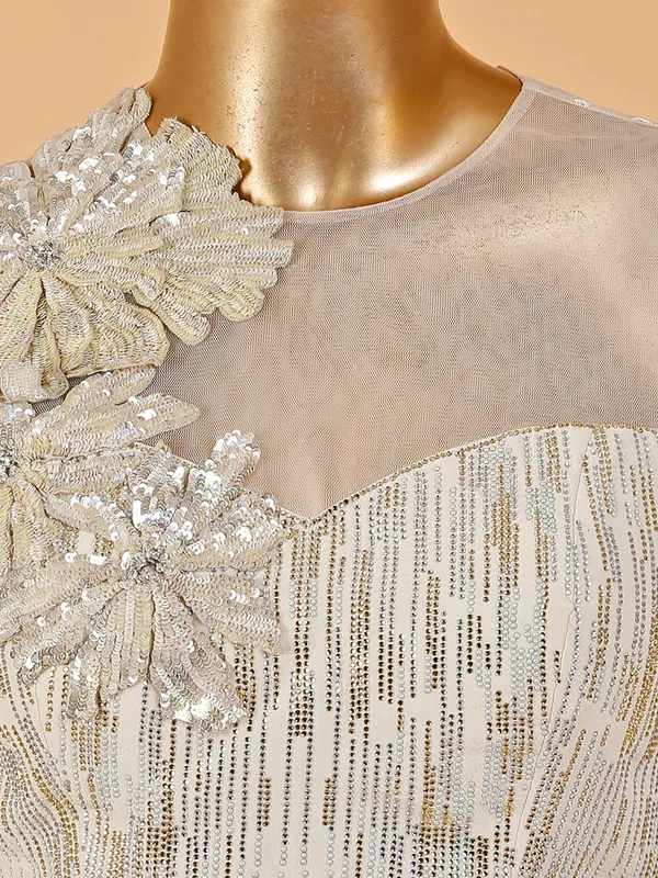 Beige satin pre stitched saree