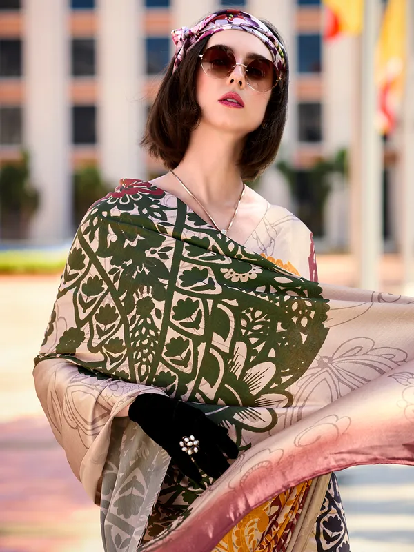 Beige satin silk printed saree