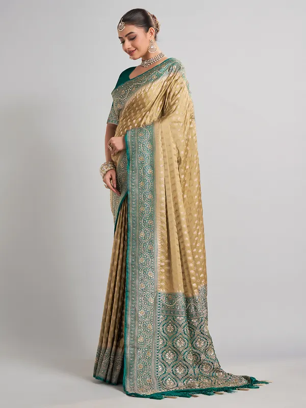 Beige satin silk saree with contrasting border for wedding wear