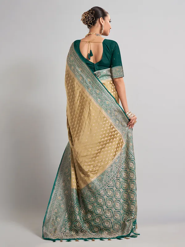 Beige satin silk saree with contrasting border for wedding wear