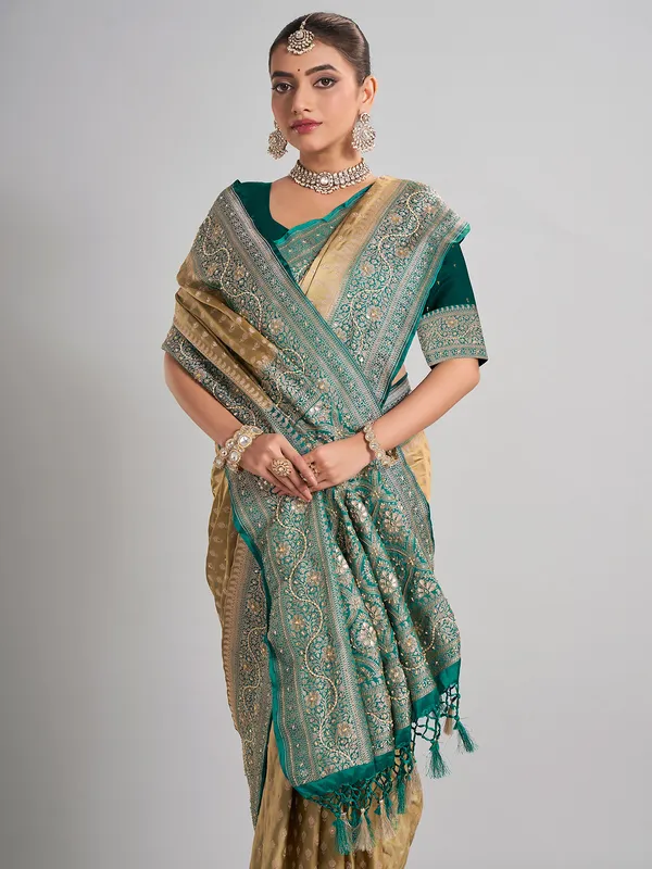 Beige satin silk saree with contrasting border for wedding wear