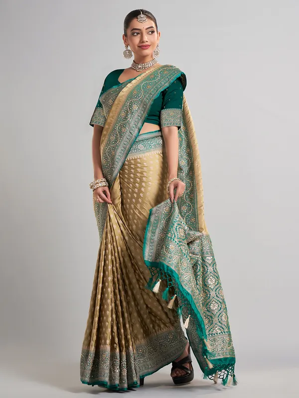 Beige satin silk saree with contrasting border for wedding wear