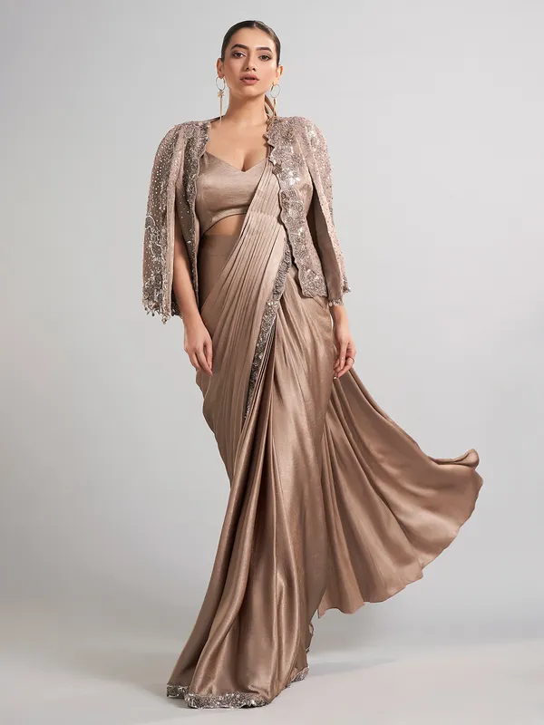 Beige satin silk saree with designer jacket style blouse
