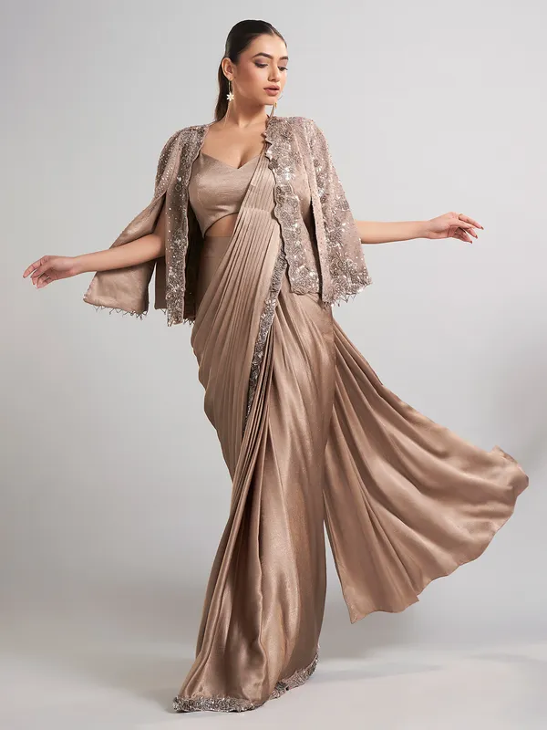 Beige satin silk saree with designer jacket style blouse
