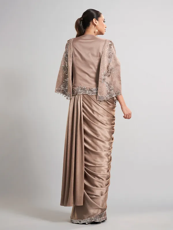Beige satin silk saree with designer jacket style blouse
