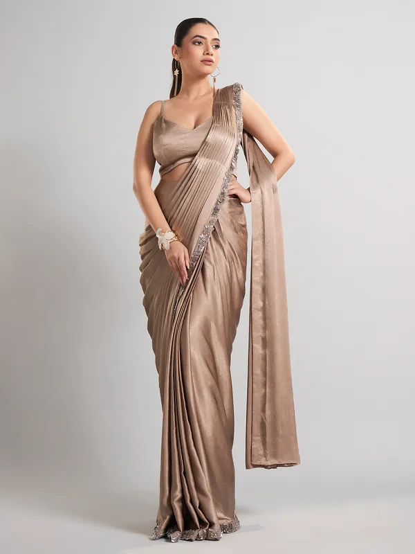Beige satin silk saree with designer jacket style blouse