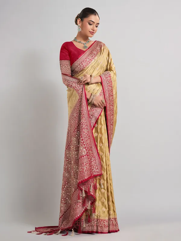 Beige satin silk saree with gota and zardosi accents