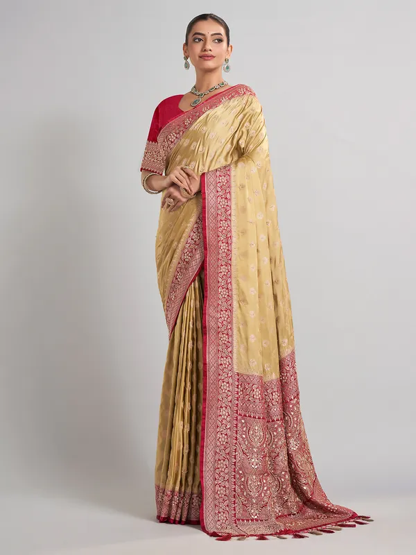 Beige satin silk saree with gota and zardosi accents