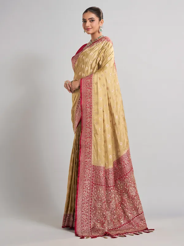 Beige satin silk saree with gota and zardosi accents