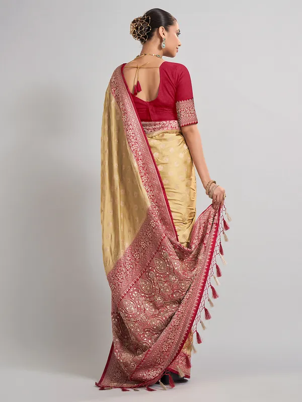 Beige satin silk saree with gota and zardosi accents
