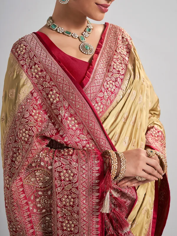 Beige satin silk saree with gota and zardosi accents