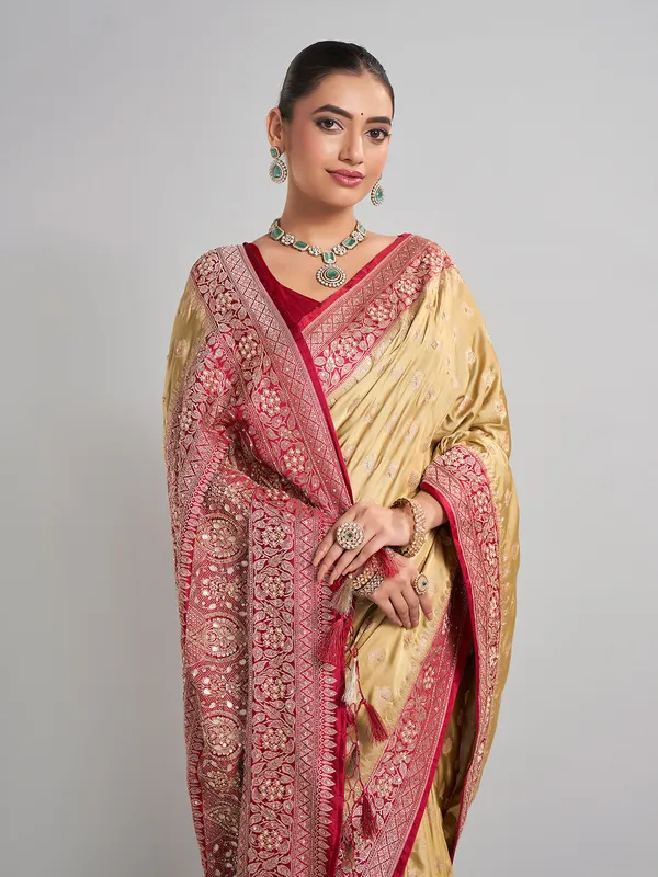Beige satin silk saree with gota and zardosi accents