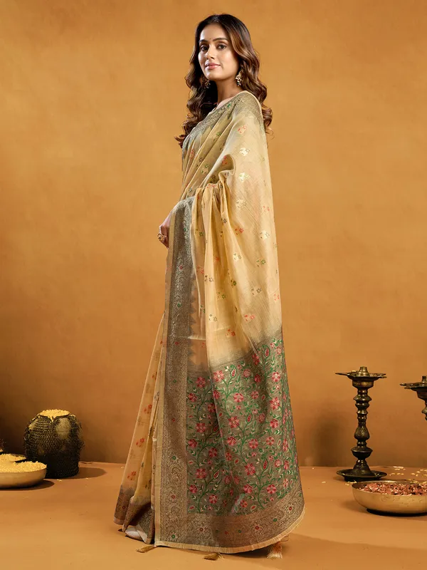 Beige semi cotton saree for graceful festive looks