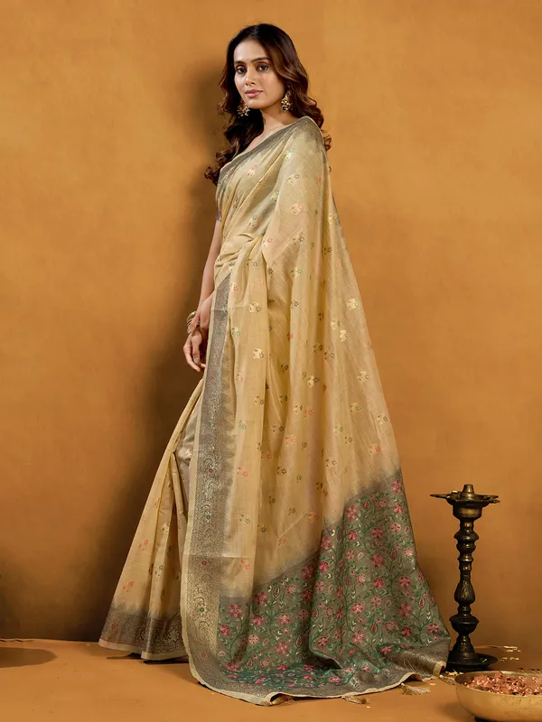 Beige semi cotton saree for graceful festive looks