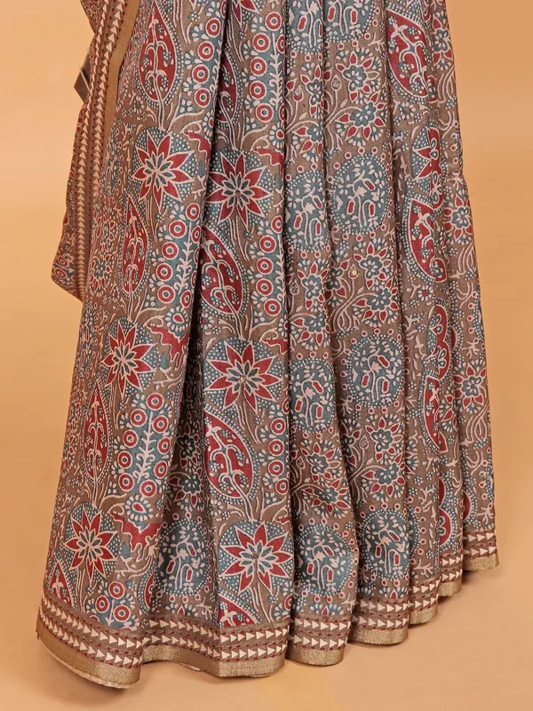 Beige semi cotton silk printed saree