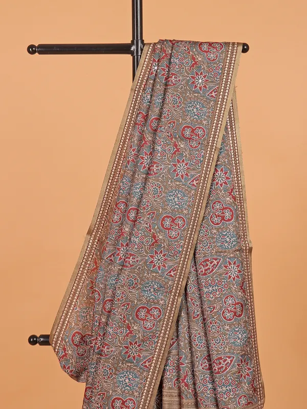 Beige semi cotton silk printed saree