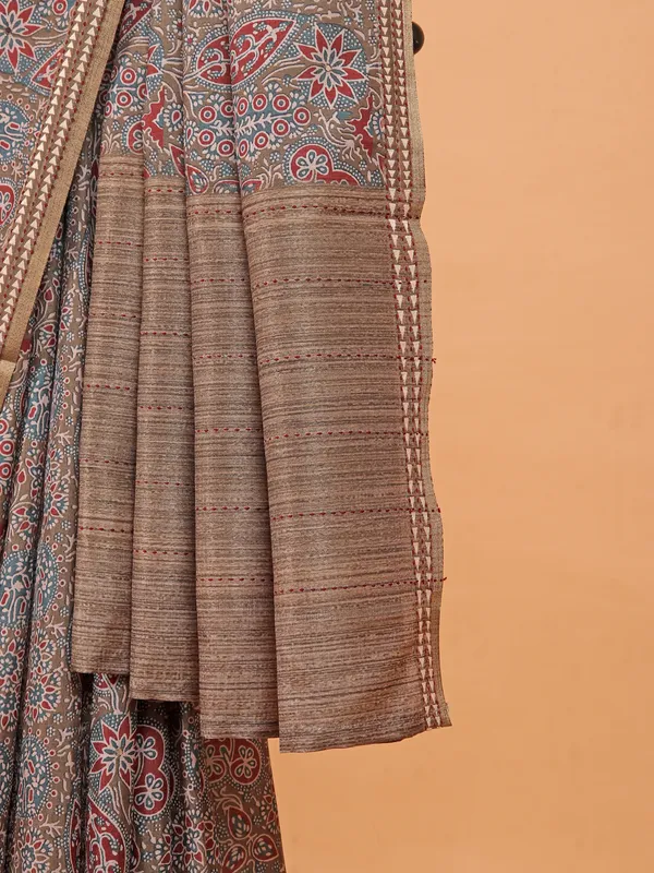 Beige semi cotton silk printed saree