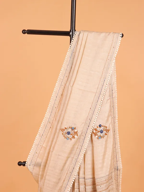 Beige semi cotton silk thread weaving saree