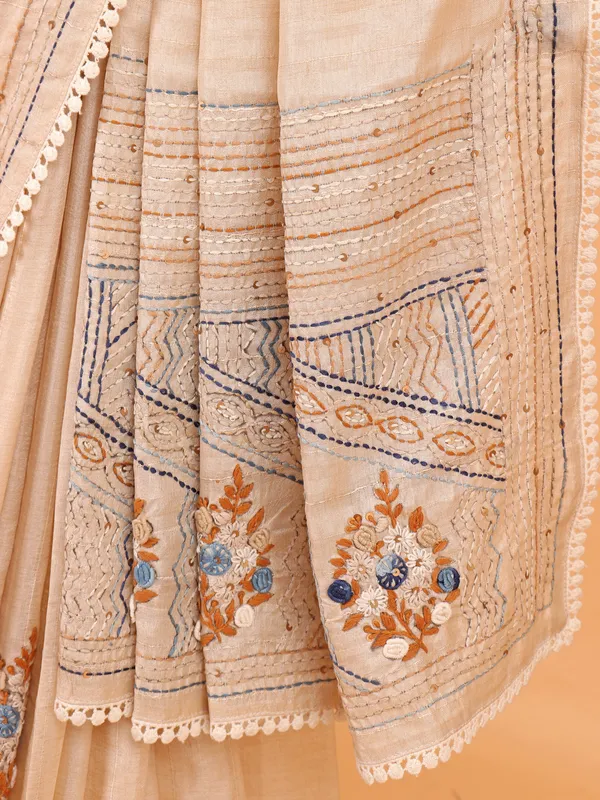 Beige semi cotton silk thread weaving saree
