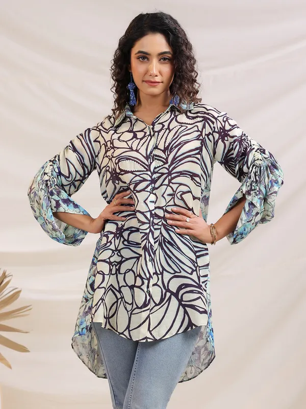 Beige sequins worked linen silk printed top