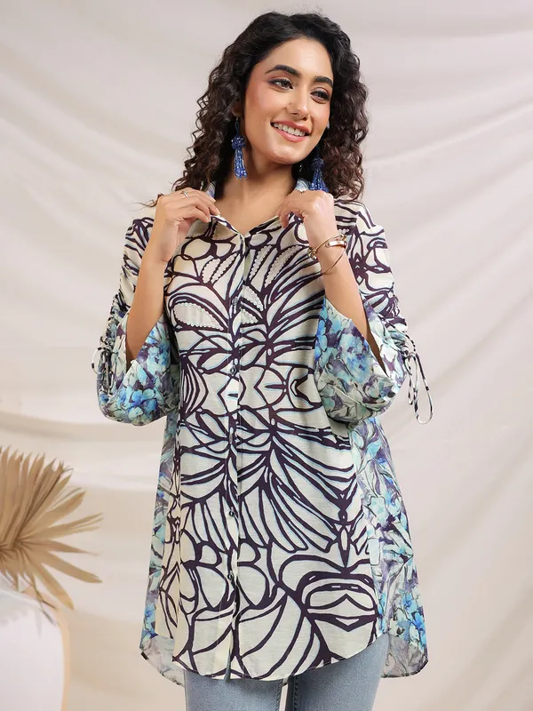 Beige sequins worked linen silk printed top