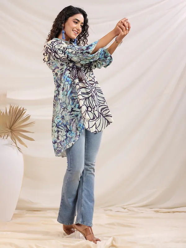 Beige sequins worked linen silk printed top